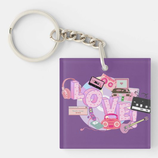 LOVE Keychain – Pink & Purple Retro Music Memories キーホルダー (正面)