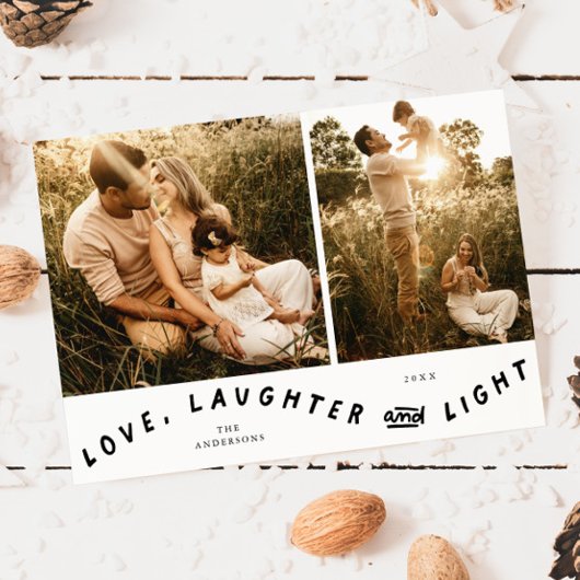 Love Laughter Light Christmas Photo White シーズンカード