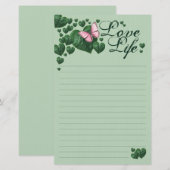 Love Life-Pink Butterfly with Heart Leaves 便箋 (正面/裏面)