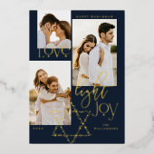 Love Light Joy Star David Hanukkah 3フォトコラージュ 箔シーズンカード (正面)