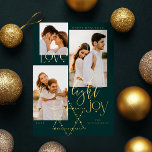 Love Light Joy Star David Hanukkah 3フォトコラージュ 箔シーズンカード<br><div class="desc">ハヌカエレガントー3枚のフォトコラージュのカードでエレガント、金ゴールドにタイポグラフィデザイン「Love Joy Light」を搭載。金ゴールドきらめくの星はダビデの星を作る。Moodothy Paperyによるアートワーク。</div>