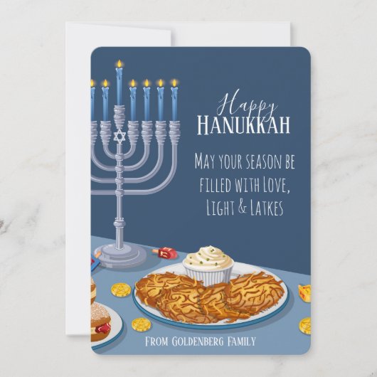 Love Light Latkes Hanukkah Menorah & Dreidel Art シーズンカード (正面)
