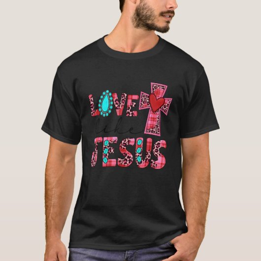 Love Like Jesus Pink Leopard Plaid Christian Valen Tシャツ (正面)