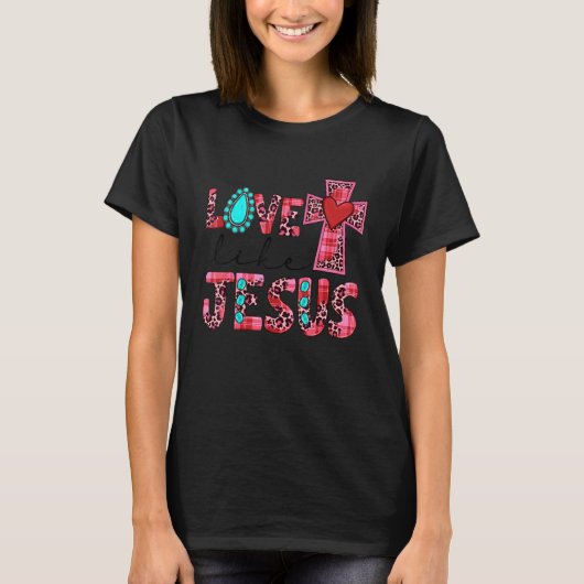 Love Like Jesus Pink Leopard Plaid Christian Valen Tシャツ (正面)