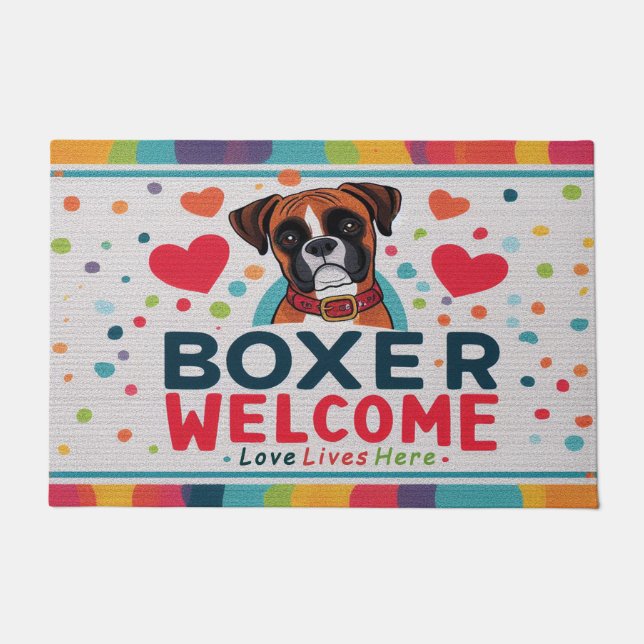 Love Lives Here - Boxer Dog Welcome ドアマット (正面)