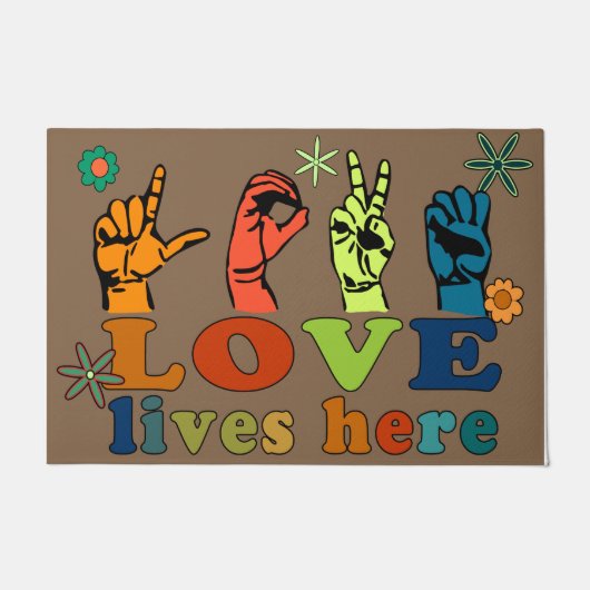  Love Lives Here Doormat, Colorful Welcome ドアマット (正面)