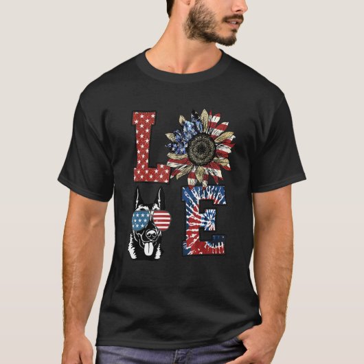 Love Malinois Dog USA Flag Sunflower Tie Dye Tシャツ (正面)