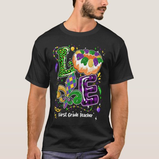 Love Mardi Gras First Grade Teacher Party Festival Tシャツ (正面)