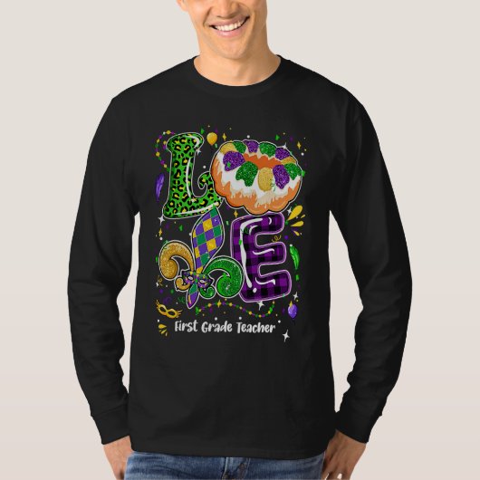 Love Mardi Gras First Grade Teacher Party Festival Tシャツ (正面)