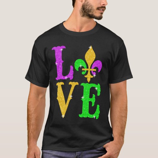 LOVE Mardi Gras Fleur De Lys New Orleans Carnival Tシャツ (正面)