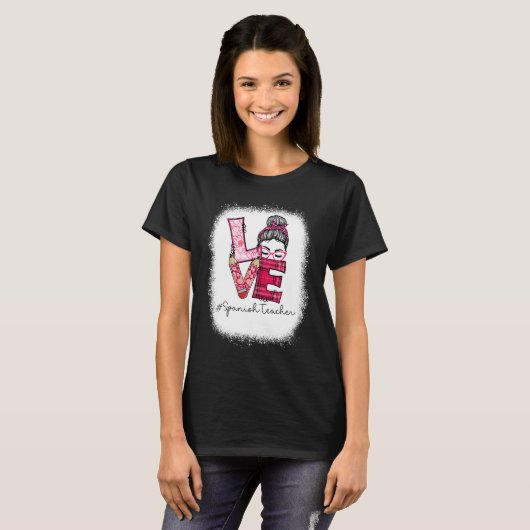 Love Messy Bun Spanish Teacher Valentine's Day Mat Tシャツ (正面フル)