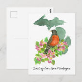 Love Michigan American Robin Flowersの送信 ポストカード (正面/裏面)