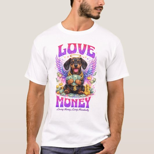 Love Money Angel Dachshund Dog Abundance Art Tシャツ (正面)