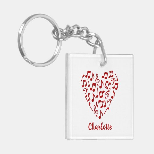 Love Music Notes of Red Music Notes with Name キーホルダー (正面左)