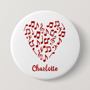 Love Music Notes of Red Music Notes with Name 缶バッジ