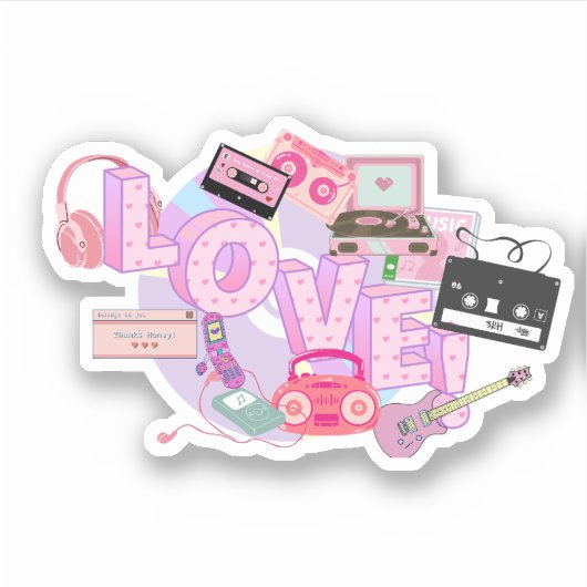 LOVE & MUSIC Y2K Retro Sticker – Pink Pop Vibes シール (正面)