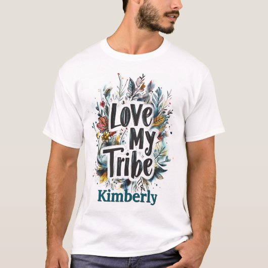 Love My Tribe Bohemianティール（緑がかった色）名TシャツカスタムT Tシャツ (正面)