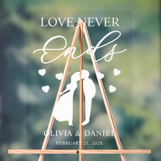 Love Never Ends Personalized Wedding アクリルサイン (ニュートラル)