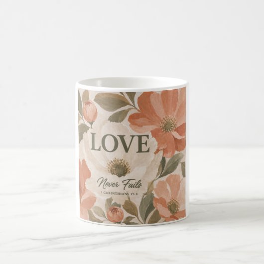 LOVE NEVER FAILS | キリスト教の結婚祝い コーヒーマグカップ (中央)