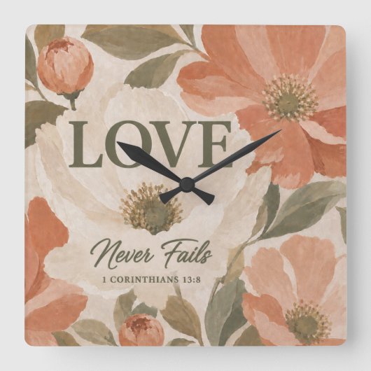LOVE NEVER FAILS | キリスト教の結婚祝い スクエア壁時計 (正面)