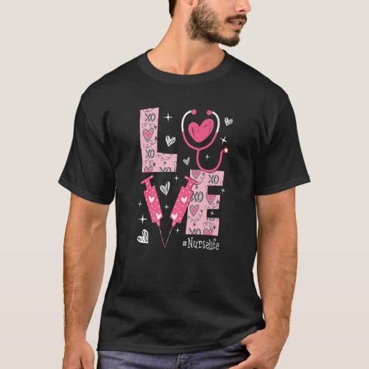 LOVE Nurse Life Pink Heart Valentine Day Nursing W Tシャツ (正面)