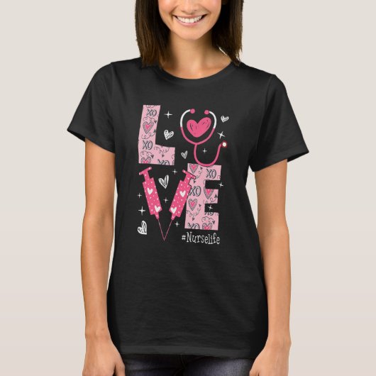LOVE Nurse Life Pink Heart Valentine Day Nursing W Tシャツ (正面)