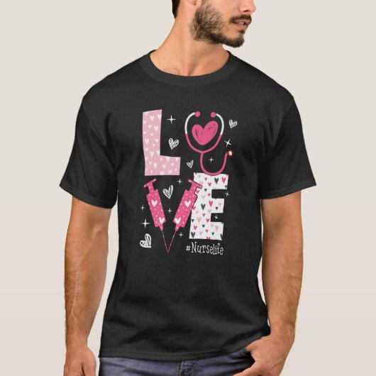 LOVE Nurse Life Pink Heart Valentine Day Nursing W Tシャツ (正面)