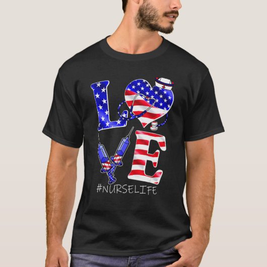Love Nurse Life Scrub 4th Of July American Flag Wo Tシャツ (正面)