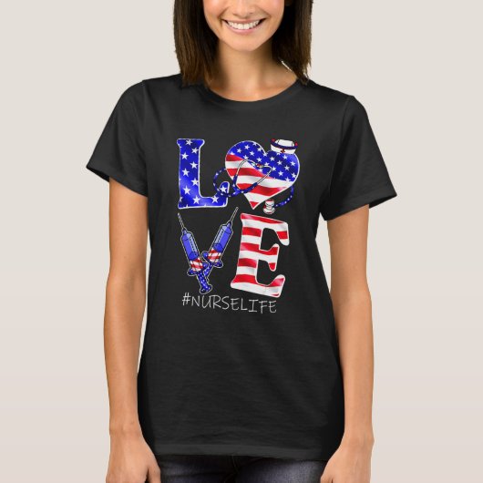Love Nurse Life Scrub 4th Of July American Flag Wo Tシャツ (正面)