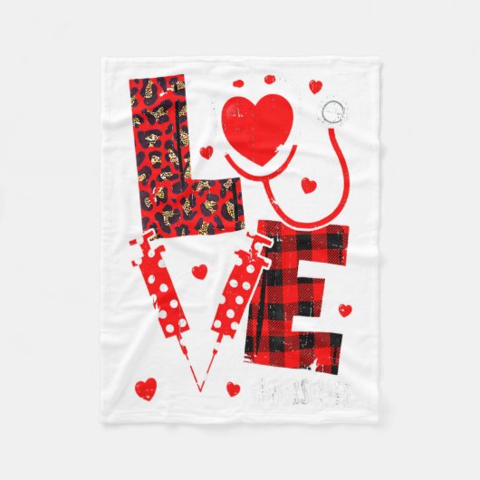 Love Nurse Life Valentine Day Leopard Plaid Red He フリースブランケット (正面)