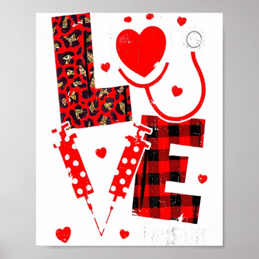Love Nurse Life Valentine Day Leopard Plaid Red He ポスター (正面)