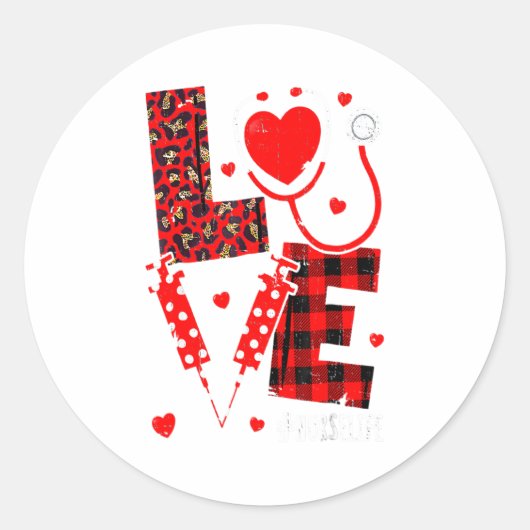 Love Nurse Life Valentine Day Leopard Plaid Red He ラウンドシール (正面)