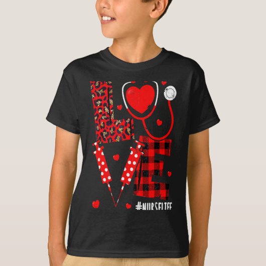Love Nurse Life Valentine Day Leopard Plaid Red He Tシャツ (正面)