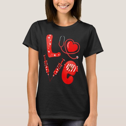Love Nurse Stethoscope Syringe Happy Valentines D Tシャツ (正面)
