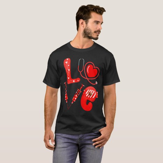 Love Nurse Stethoscope Syringe Happy Valentines D Tシャツ (正面フル)