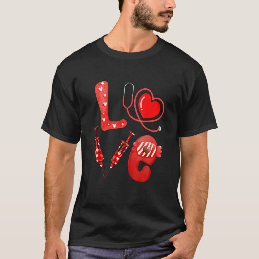 Love Nurse Stethoscope Syringe Happy Valentine's D Tシャツ (正面)
