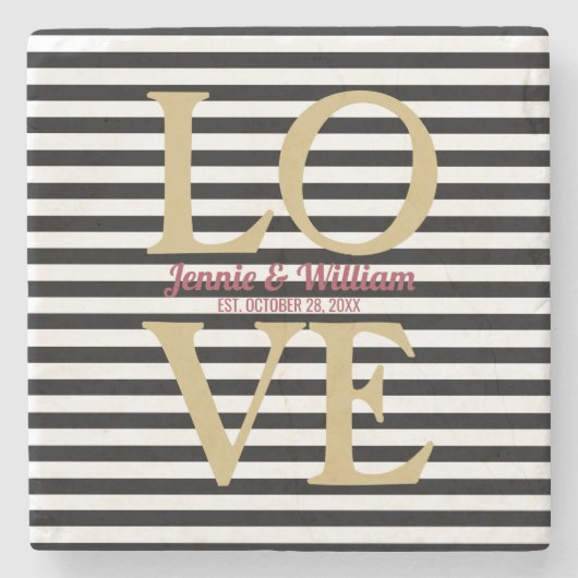 LOVE on Black ストライプ結婚Dates ストーンコースター (正面)