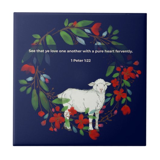 Love One Another | Lamb & Floral Ceramic Tile タイル (正面)