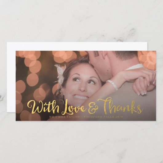 Love & Overlayのフォトカ感謝していード付き結婚金ゴールド サンキューカード (正面/裏面)