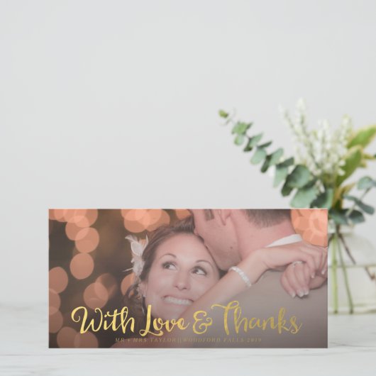 Love & Overlayのフォトカ感謝していード付き結婚金ゴールド サンキューカード (スタンド正面)