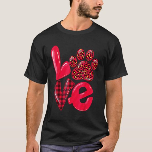LOVE Paw Dog Cat Leopard Red Plaid Valentines Day  Tシャツ (正面)