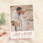 Love & Peace 3 Photo Collage Christmas Holiday シーズンカード<br><div class="desc">Modern love and peace handwriting Christmas holiday photo cards. A boho design featuring three photos of your choice in a simple collage layout. There is one large horizontal photo at the top of the page with two smaller photos next to each other below. Underneath that, "love & peace" is written...</div>
