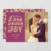 Love Peace and Joy Burgundyの金ゴールド結婚の写真 シーズンカード (正面/裏面)