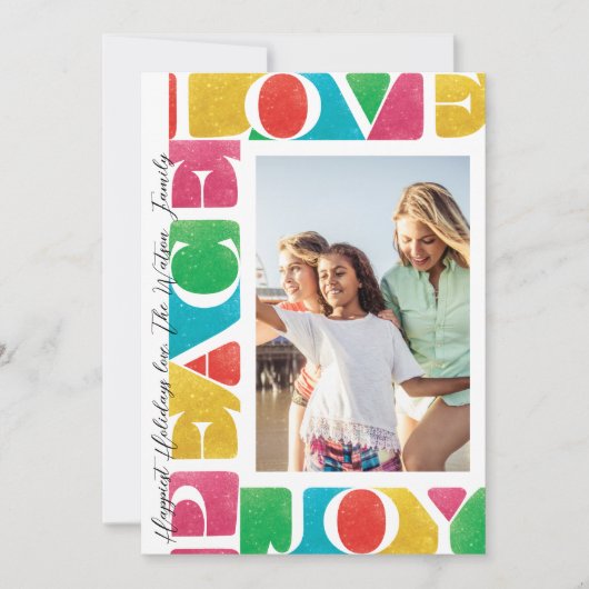 LOVE PEACE JOY 1枚の写真モダンクリスマスフレーム シーズンカード (正面)