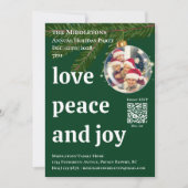 Love Peace Joy QR フォト グリーン クリスマス パーティー 招待状 (正面)