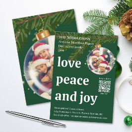 Love Peace Joy QR フォト グリーン クリスマス パーティー 招待状