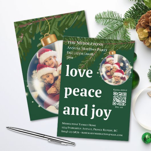 Love Peace Joy QR フォト グリーン クリスマス パーティー 招待状