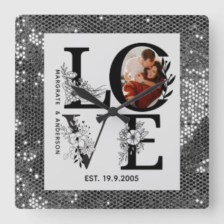 Love photo simple modern personalised gift silver スクエア壁時計