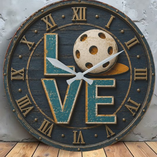 Love Pickleball Rustic Vintage Pickleball Lover ラージ壁時計