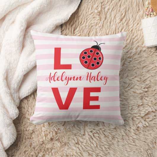 LOVE Pink Striped ladybug Throw Pillow クッション (ブランケット)